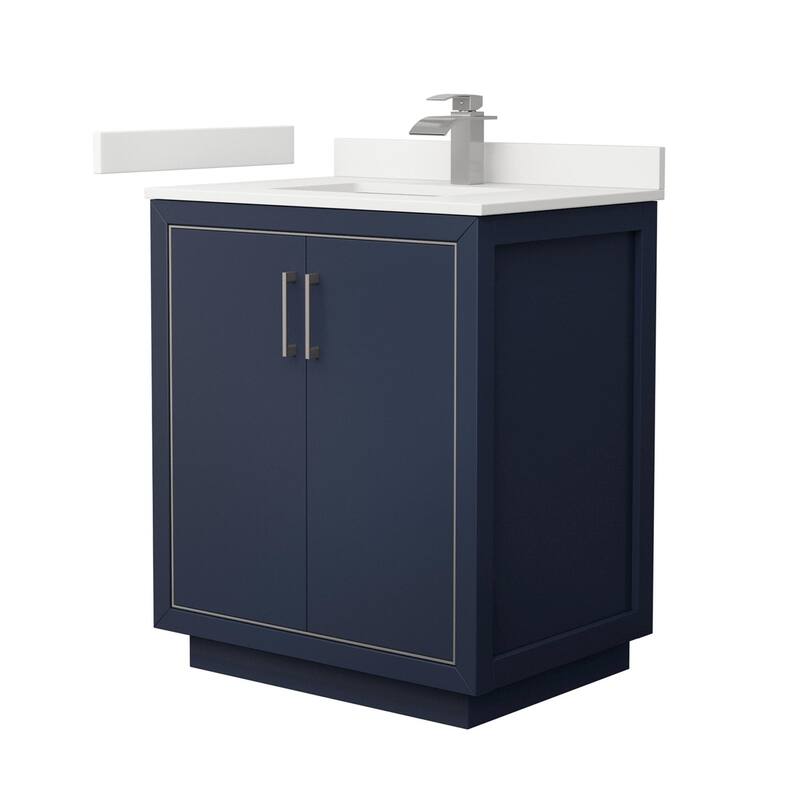 Wyndham Collection WCF111130S-QTZ-UNSMXX Icon 30" Free Standing Single - Dark Blue / White Quartz Top / Brushed Nickel