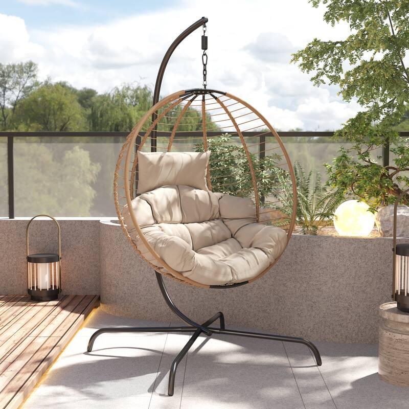 Roomfitters Sora Outdoor Wicker Hanging Chair with Stand and Beige Cushion, Brown Rattan Swing - Single Unit