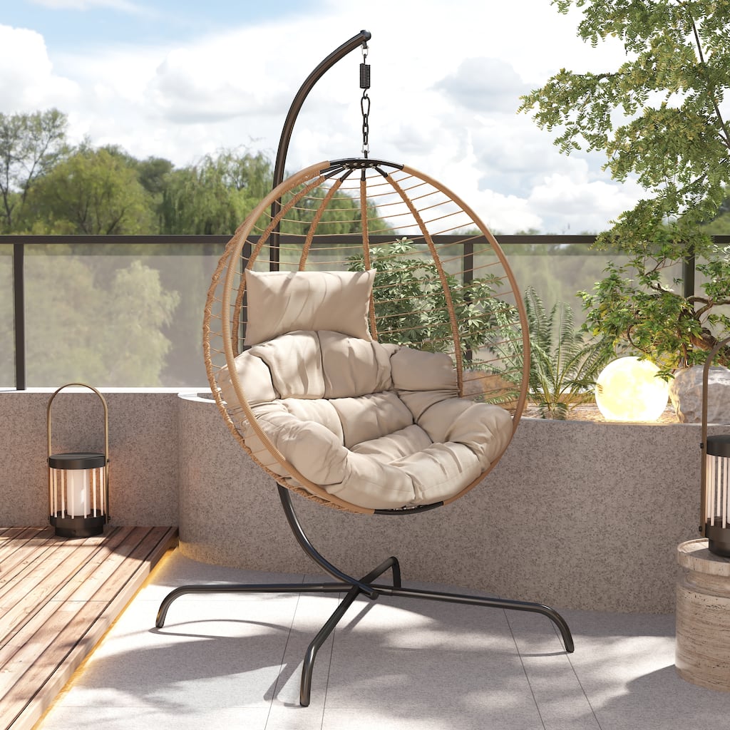Roomfitters Sora Outdoor Wicker Hanging Chair with Stand and Beige Cushion, Brown Rattan Swing - Single Unit