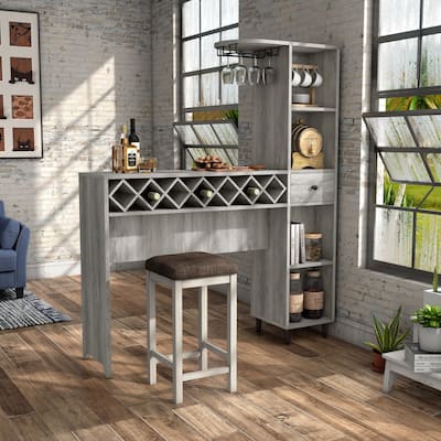 DH BASIC Transitional Vintage Grey Oak 6-Open Shelf Bar Table with Wine Storage by Denhour