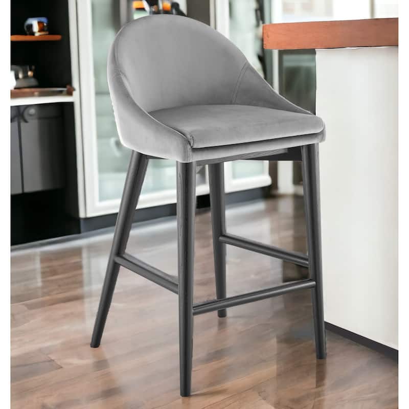 HomeRoots 26" Gray and Black Velvet and Solid Wood Low Back Counter Height Bar Chair - Counter Height - Single - Black and Gray