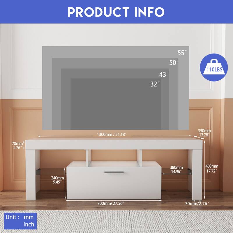 Modern 51-Inch TV Stand with 16-Color RGB LED Lights, Remote Control, and Storage Drawers for TVs up to 55 Inches.