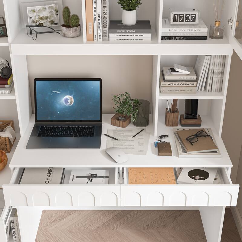 Home Office Bookshelf Spacious Multi-Section Workstation Desk - 62.4"x79.1“