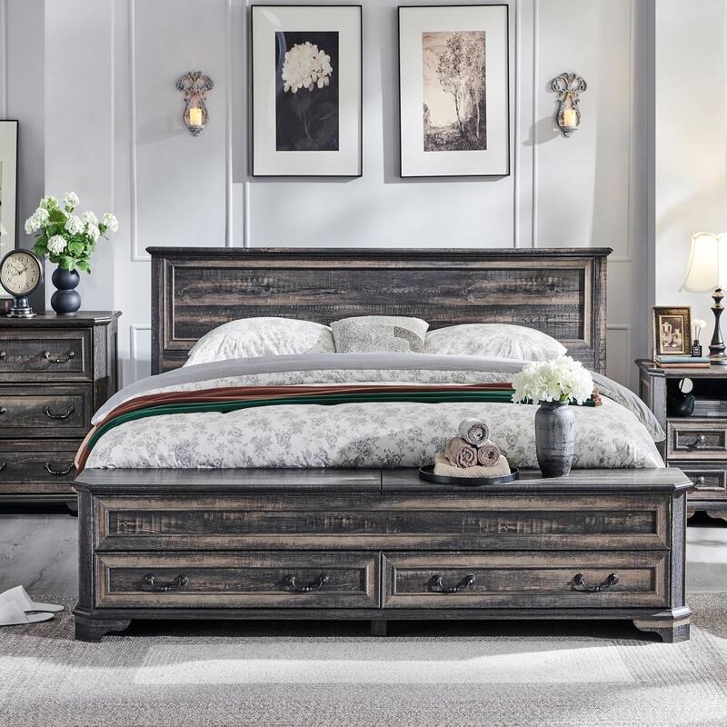 Farmhouse Bed Frame w/ Headboard & Storage Bench, Wood Platform Bed