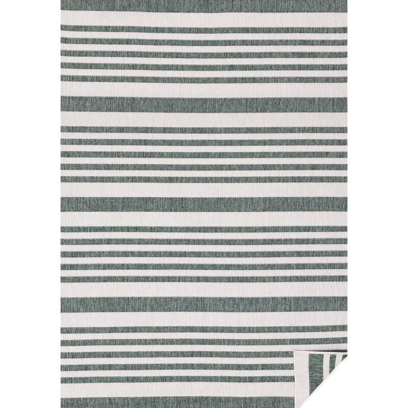 Green Cream Reversible Stripes Indoor/Outdoor Area Rug
