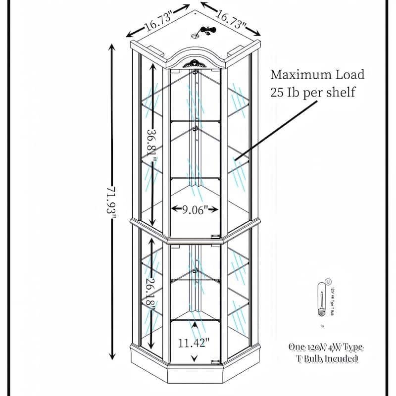 Glass Corner Curio Display Bar Cabinet with Light, Adjustable Shelves