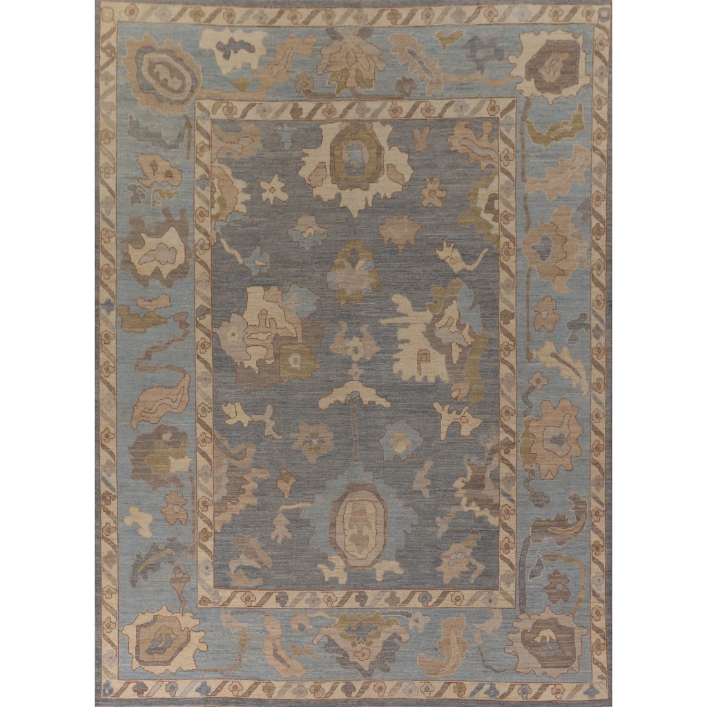Floral Vegetable Dye Oushak Turkish Area Rug Hand-Knotted Wool Carpet - 9'1" x 11'8"
