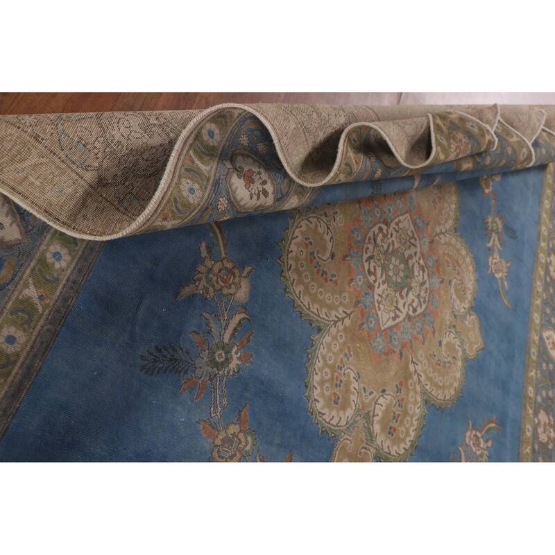 Over-Dyed Blue Tabriz Persian Vintage Rug Handmade Wool Carpet - 9'10"x 13'0"