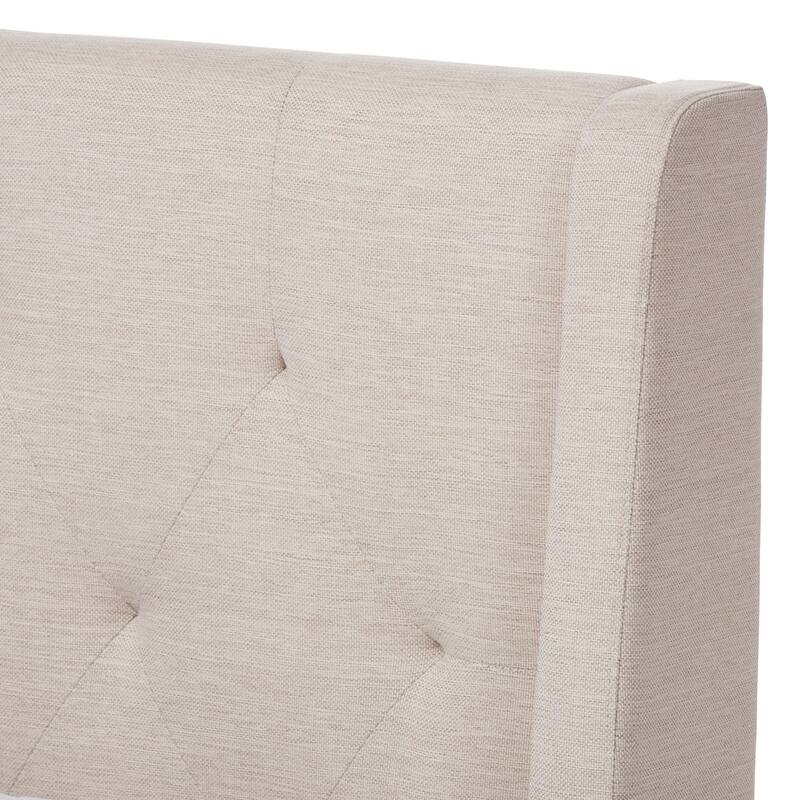 King Size Platform Bed with Winged Headboard - Upholstered Fabric Bed Frame - Beige Bedroom Furniture