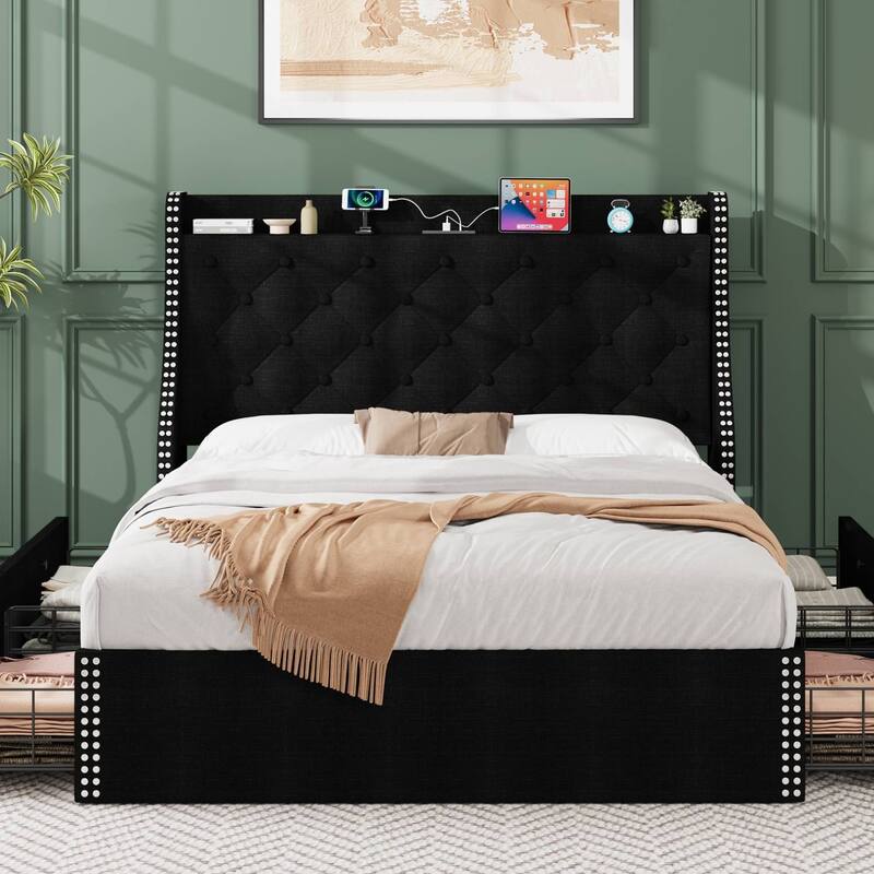 Bed Frame with 4 Storage Drawers and Headboard - Black - Full