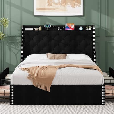 Bed Frame with 4 Storage Drawers and Headboard