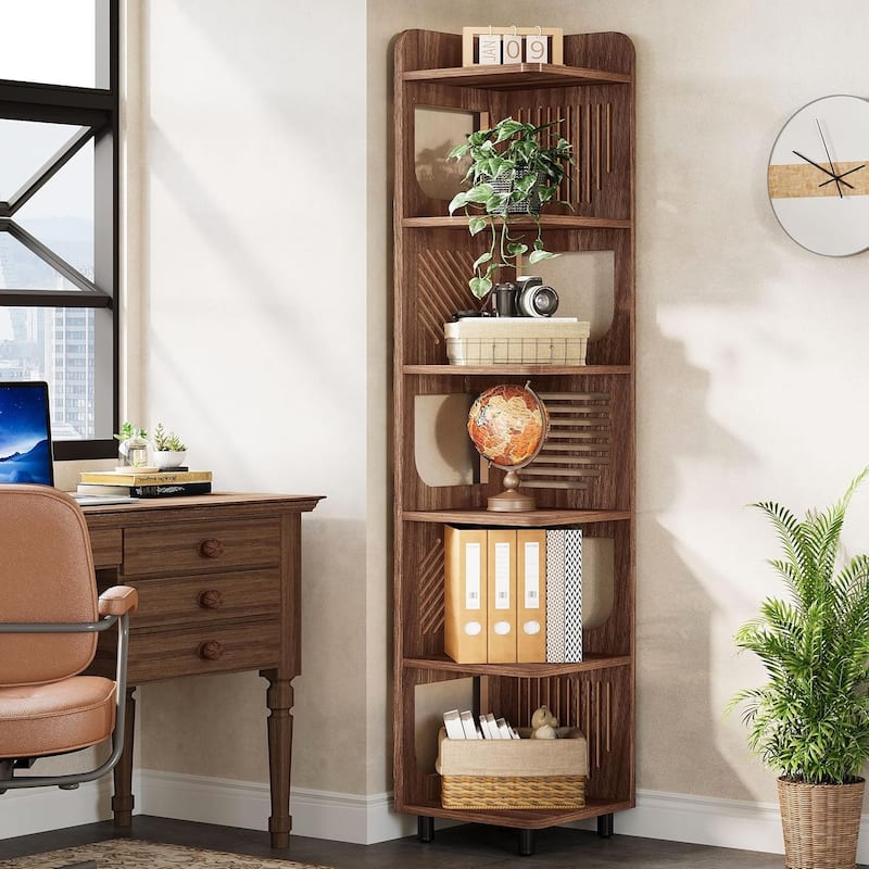 6-Tier Tall Brown Wood Corner Shelf, 71 Inches Corner Bookshelf for Living Room