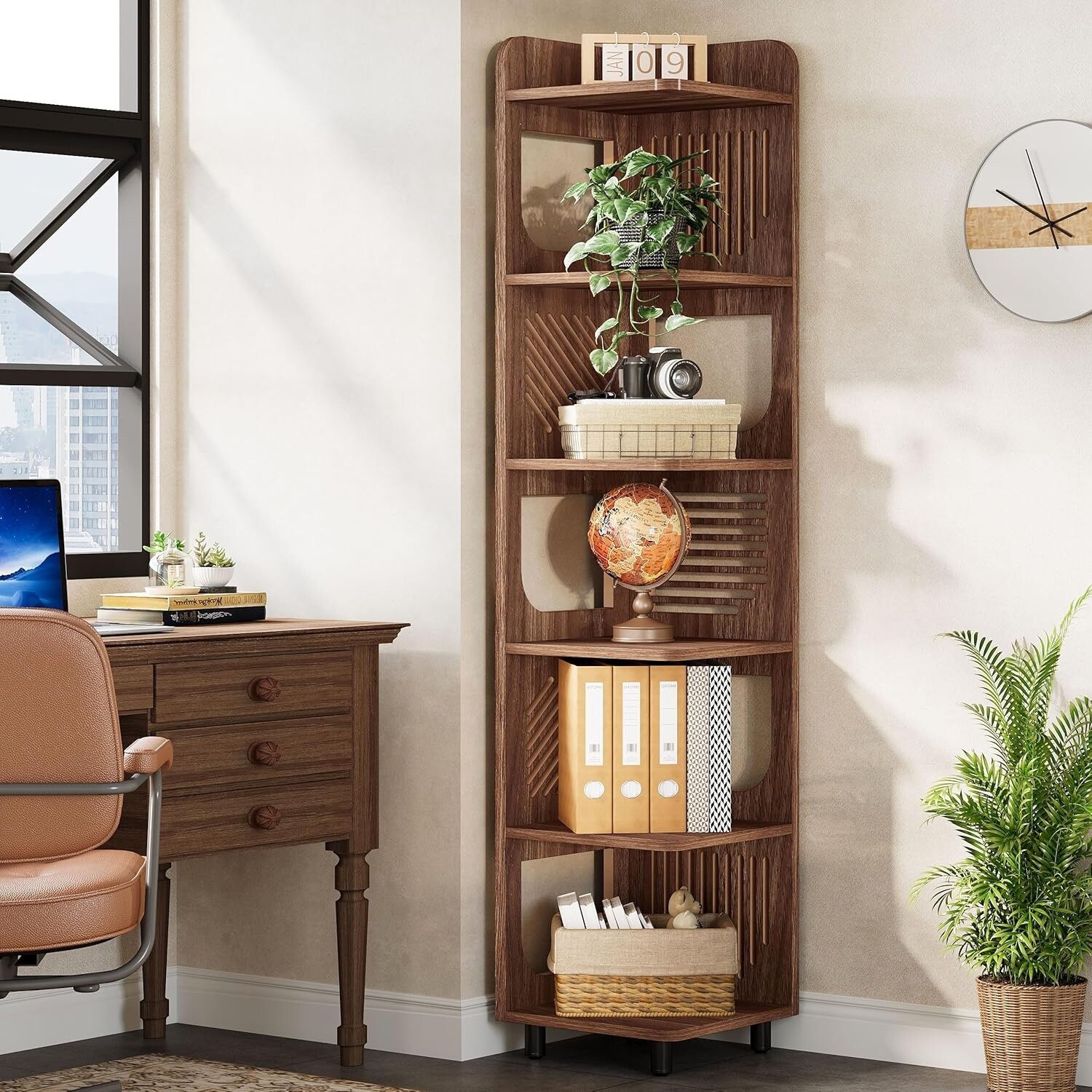6-Tier Tall Brown Wood Corner Shelf, 71 Inches Corner Bookshelf