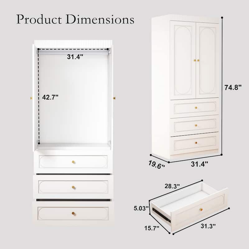 Large White Wardrobe Closet with Drawers & Doors, Modular Armoire with Hanging Rods, Apartment & Dorm Storage