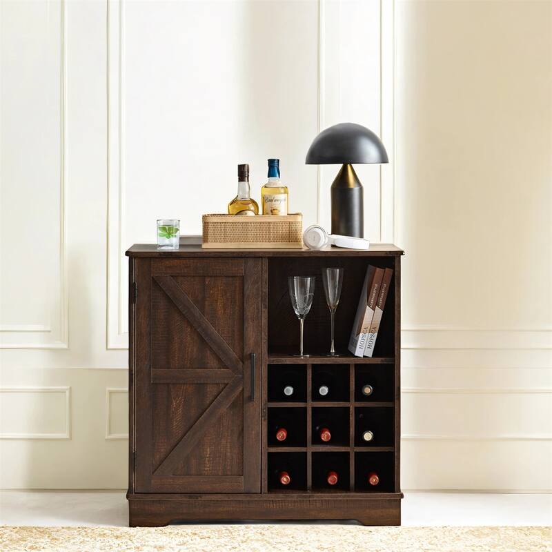 Farmhouse Wine Bar Cabinet with Drawer and Adjustable Storage Shelves for Liquor and Glasses
