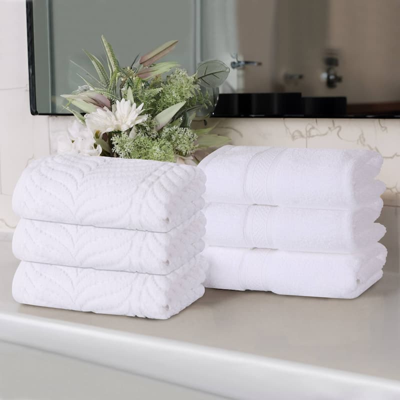 Superior Chevron Zero Twist Solid and Jacquard Cotton Hand Towel Set of 6 - White