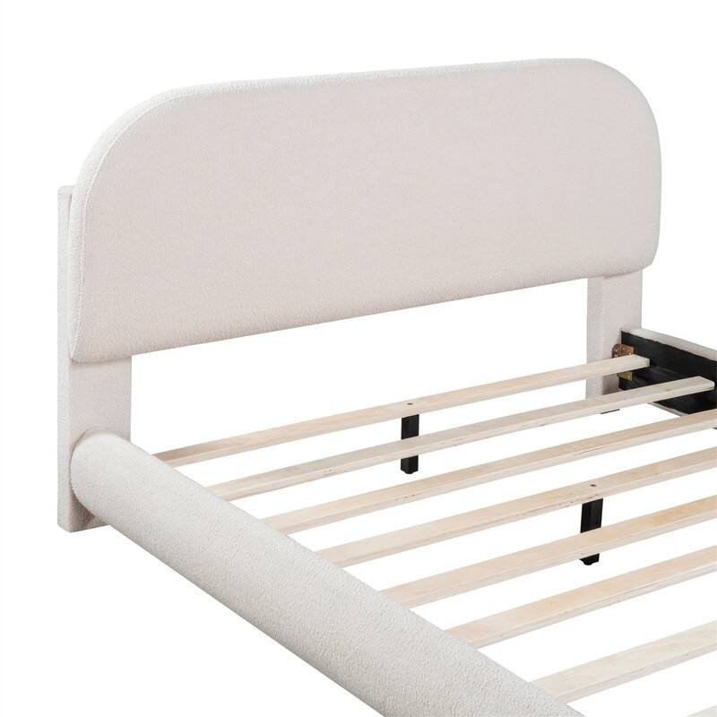 Teddy Fleece Upholstered Bed Frame with Curved Shaped Headboard, Full/Queen Size Platform Bed with Wood Slats Support