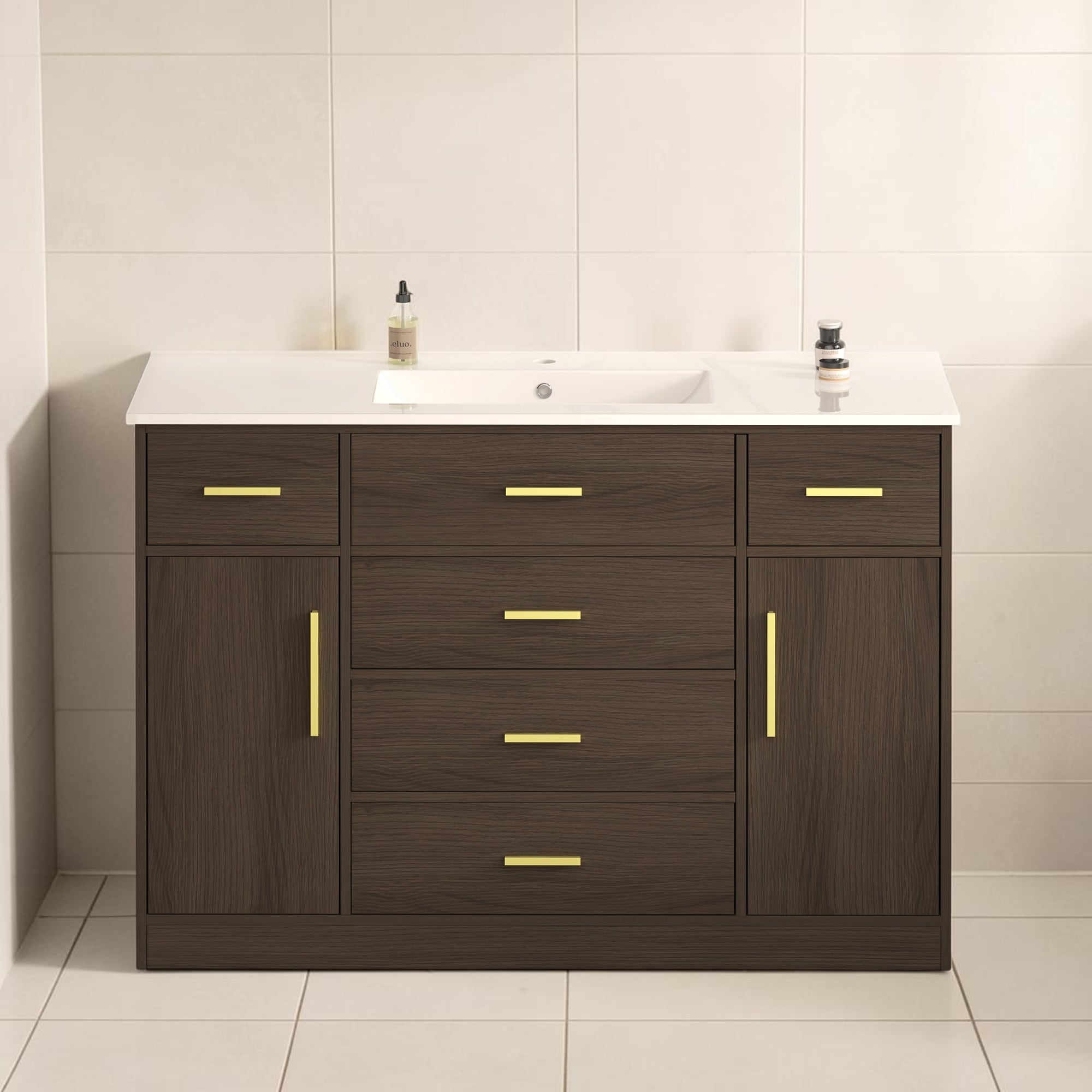 48 Inch Bathroom Vanity with 6 Drawers and 2 Soft Close Doors, Freestanding MDF Storage Cabinet