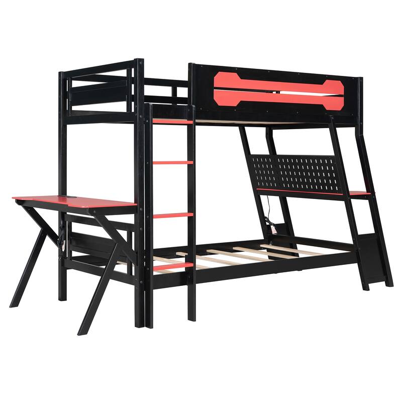 Gaming Bunk Bed Two Built-In Gaming Desks Each Side Loft Bed with USB Desktop Ports and Pegboard Organizer for Gaming Room Gamer