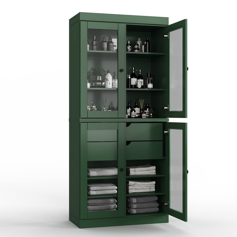 Palace Imports 100% Solid Wood Bathroom Storage Cabinet, Clear Glass Doors, 2 Drawers, Adjustable Shelves, 32" Wide, 71.5" Tall