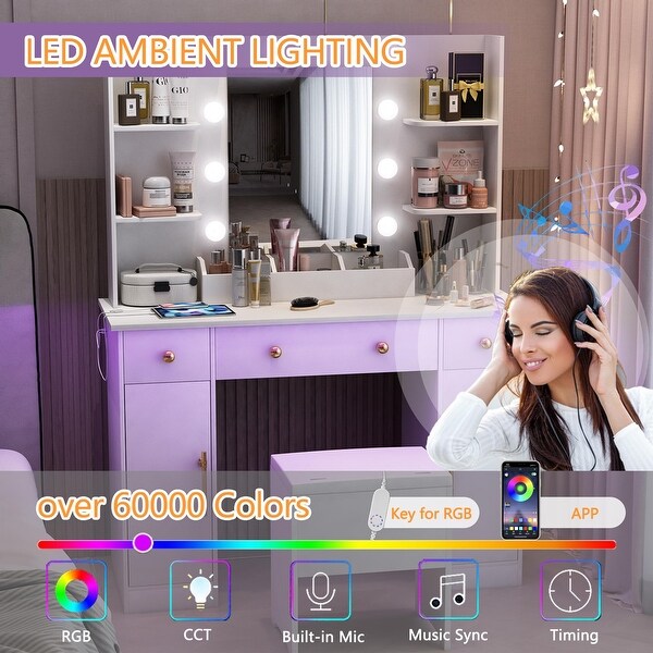 Vanity Desk with Mirror and Lights, 43'' White Makeup