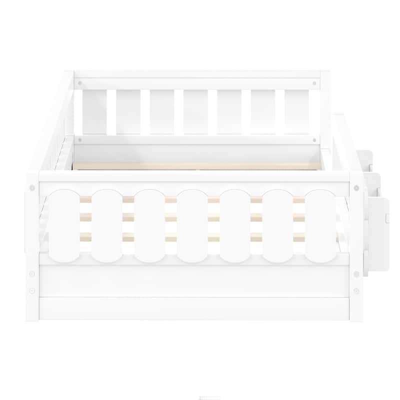 GDFStudio - Modern Wooden Full Size Platform Bed with Guardrail and Storage Shelves