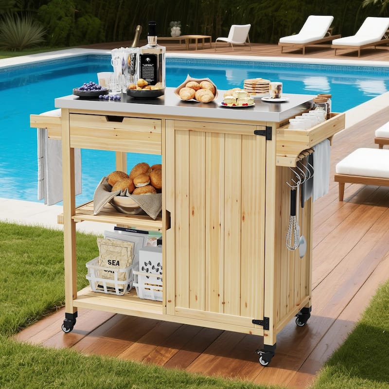 Outdoor Grill Cart with Storage Cabinet and Stainless Steel Worktop