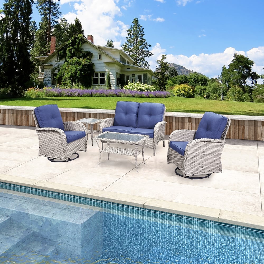 Gymojoy 5 PCS Outdoor Loveseat Sofa with Table and Swivel Rocker Chair Set