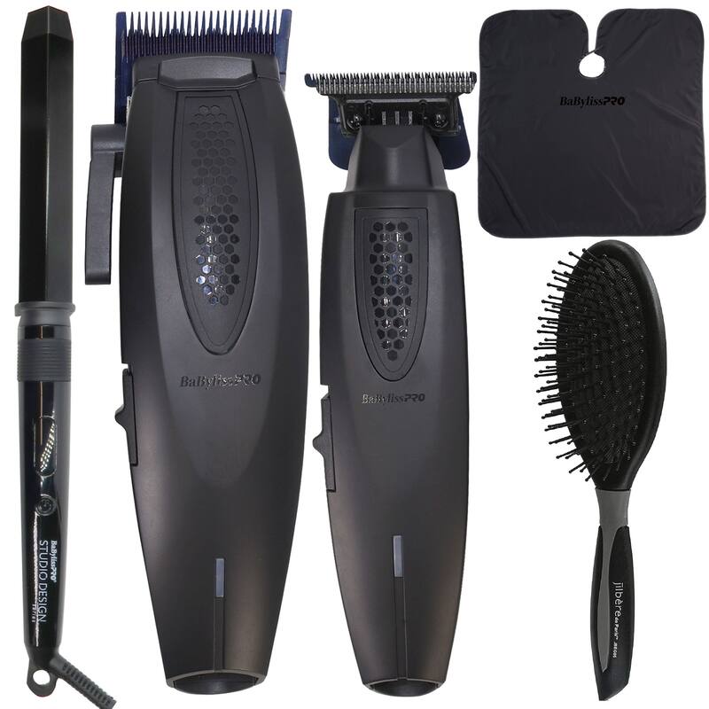 BaBylissPRO LithiumFX+ Ergonomic Clipper & Trimmer Value Set + Studio Design Series 1.25" Crimpcurl + Brush + Cutting Cape - Black