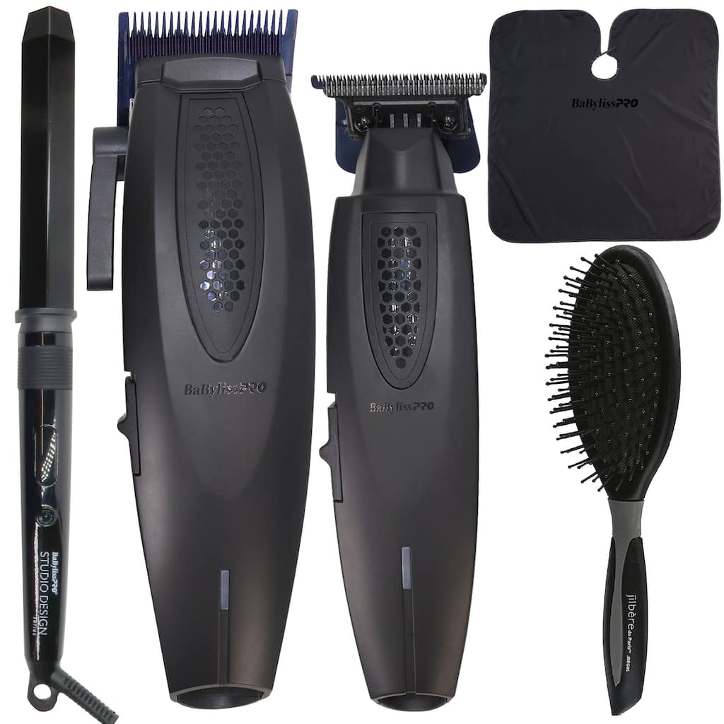 BaBylissPRO LithiumFX+ Ergonomic Clipper & Trimmer Value Set + Studio Design Series 1.25" Crimpcurl + Brush + Cutting Cape