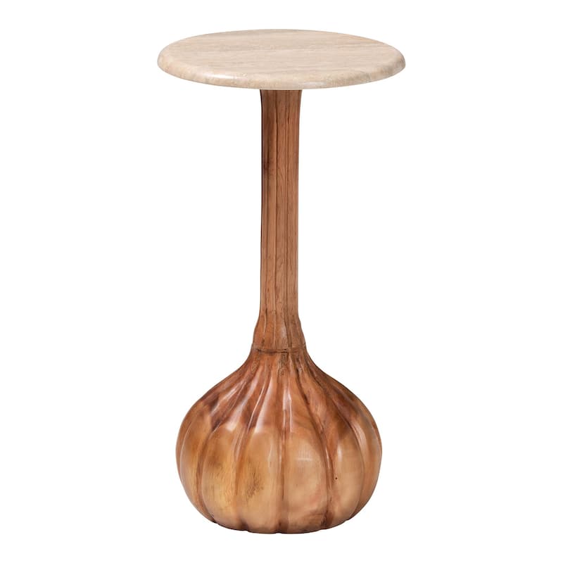 Usama End Table with Marble Stone Top - Sculpted Pedestal Accent Side Table for Living Room or Entryway - Cream/Antique Brown
