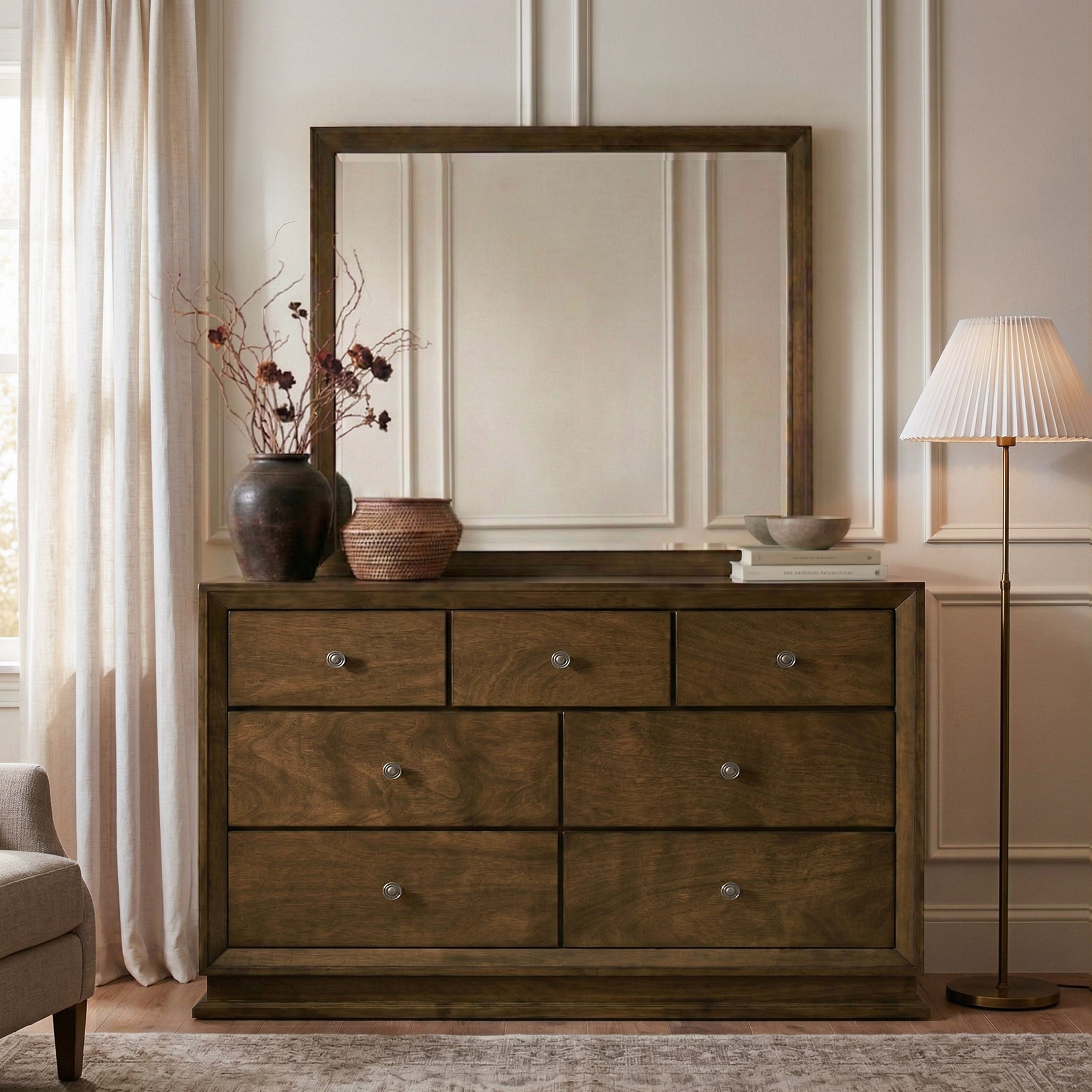 Furniture of America Igala 2-piece Walnut Solid Wood 7-Drawer Dresser and Mirror Set