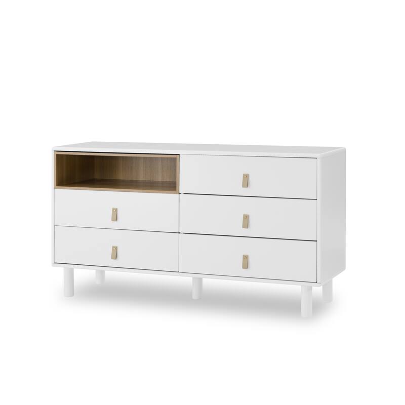 Modern 5 Drawer 55.12 in. Dresser Wood Storage Cabinet with Leather Handle, Open Shelf Drawer Cabinet