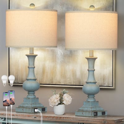 Table Lamps Blue Resin Vintage Touch Dimming Switch USB Type-C Charging Ports AC Outlet (Set of 2)