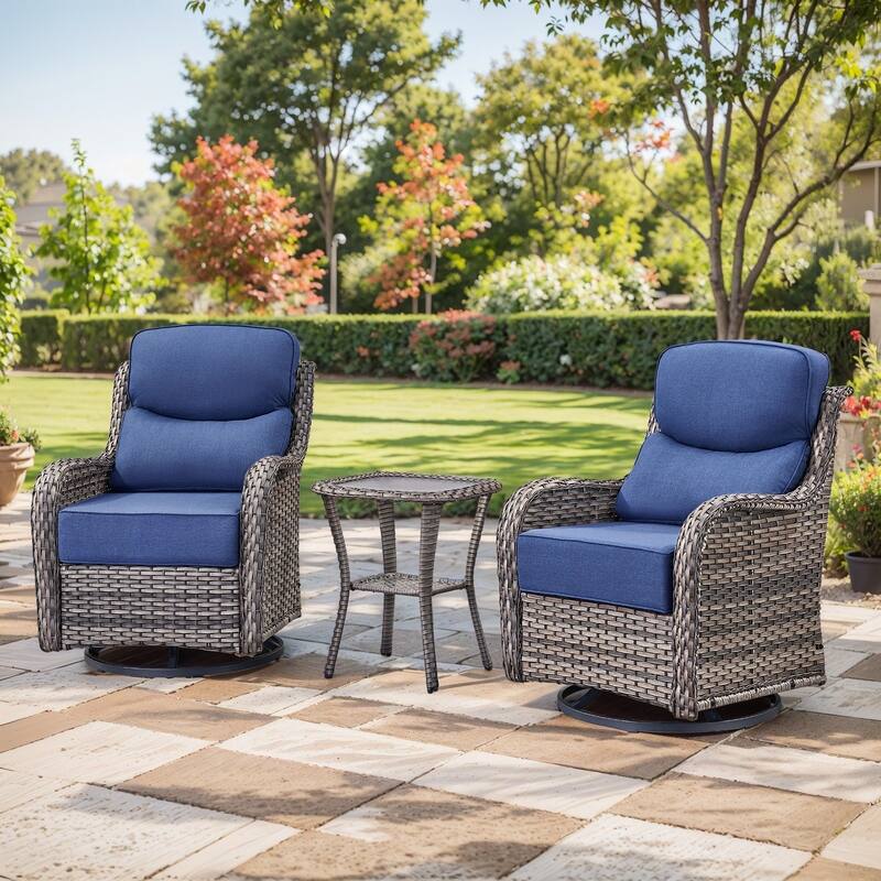 Outdoor Swivel Wicker Patio Chairs Set with Side Table - Swivel Chair with Side Table - Grey Rattan - Blue Cushion