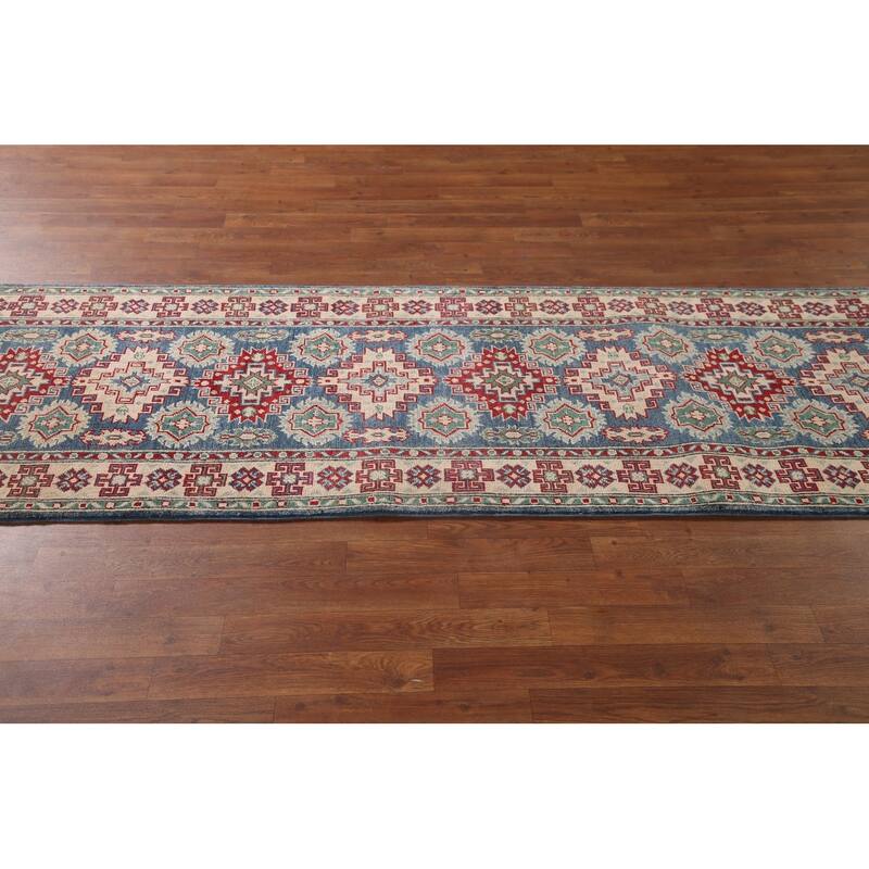 Blue Geometric Kazak Runner Rug Handmade Oriental Wool Carpet - 2'8" x 12'7"