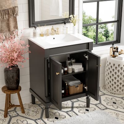 24'' Bathroom Vanity with Top Sink, 2-Tier Modern Bathroom Storage Cabinet, Single Sink Bathroom Vanity, Large Storage Shelves