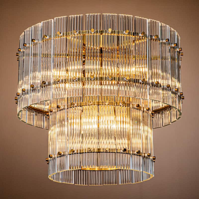 10-Light Modern and Contemporary Gold 2-Tiered Handmade Glass Shade Flush Mount Light - Antique Gold