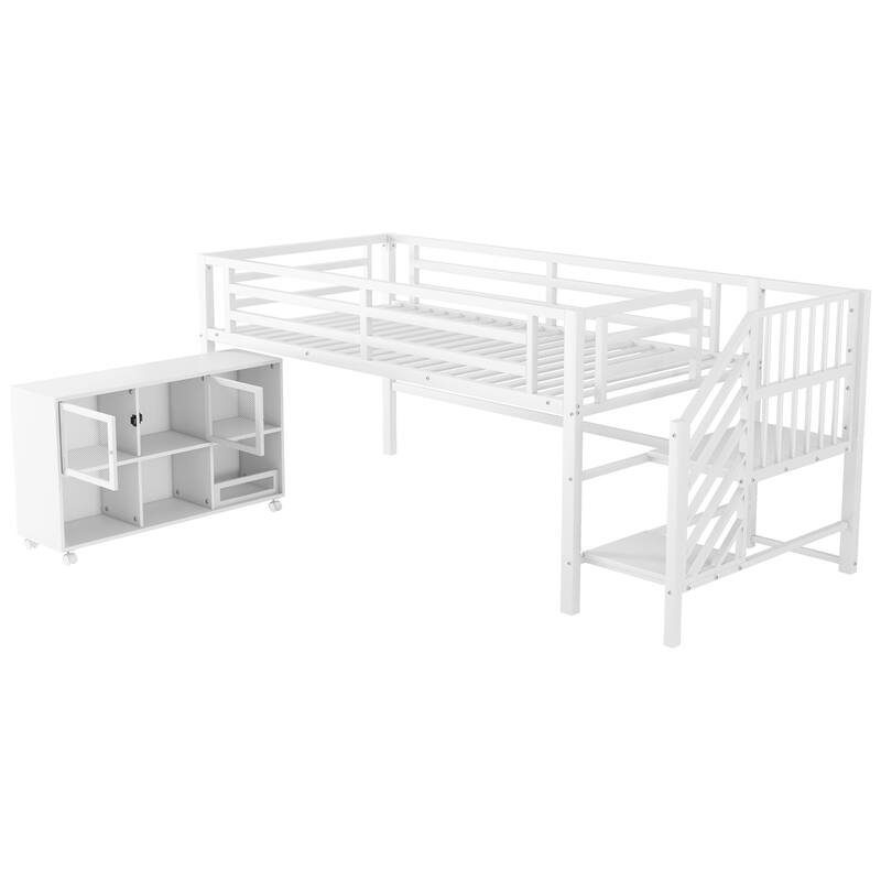 Twin Metal Loft Bed with Storage Cubby, Low Metal Loft Bed with Stairs for Kids