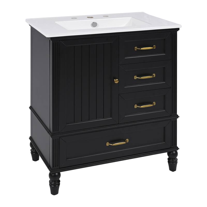 Roomfitters 30" Bathroom Vanity with Integrated Ceramic Sink, Solid Wood Frame and 3-Drawer Storage