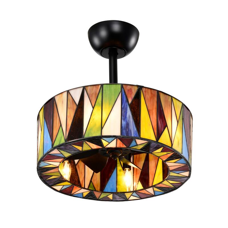 Svenja Black Lighted Ceiling Fan with Multi-Colored Earth Tones Tiffany Style Glass Shade Fandelier with Remote - MultiColored