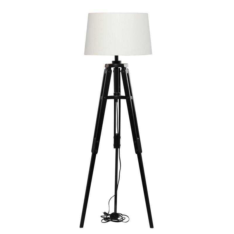 Black Wood Tripod Room Floor Lamp with Cream Linen Shade