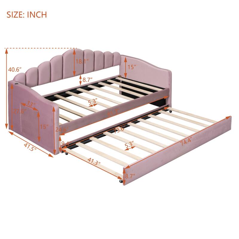 Twin size Upholstered Daybed with Trundle ,Velvet Sofabed with USB Charging Ports,No Box-spring Needed
