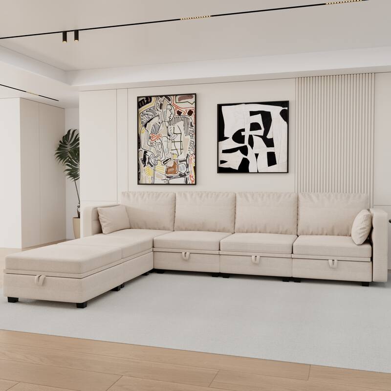 6-Seat U-Shaped Modular Reversible Sectional Sofa with Storage Ottoman