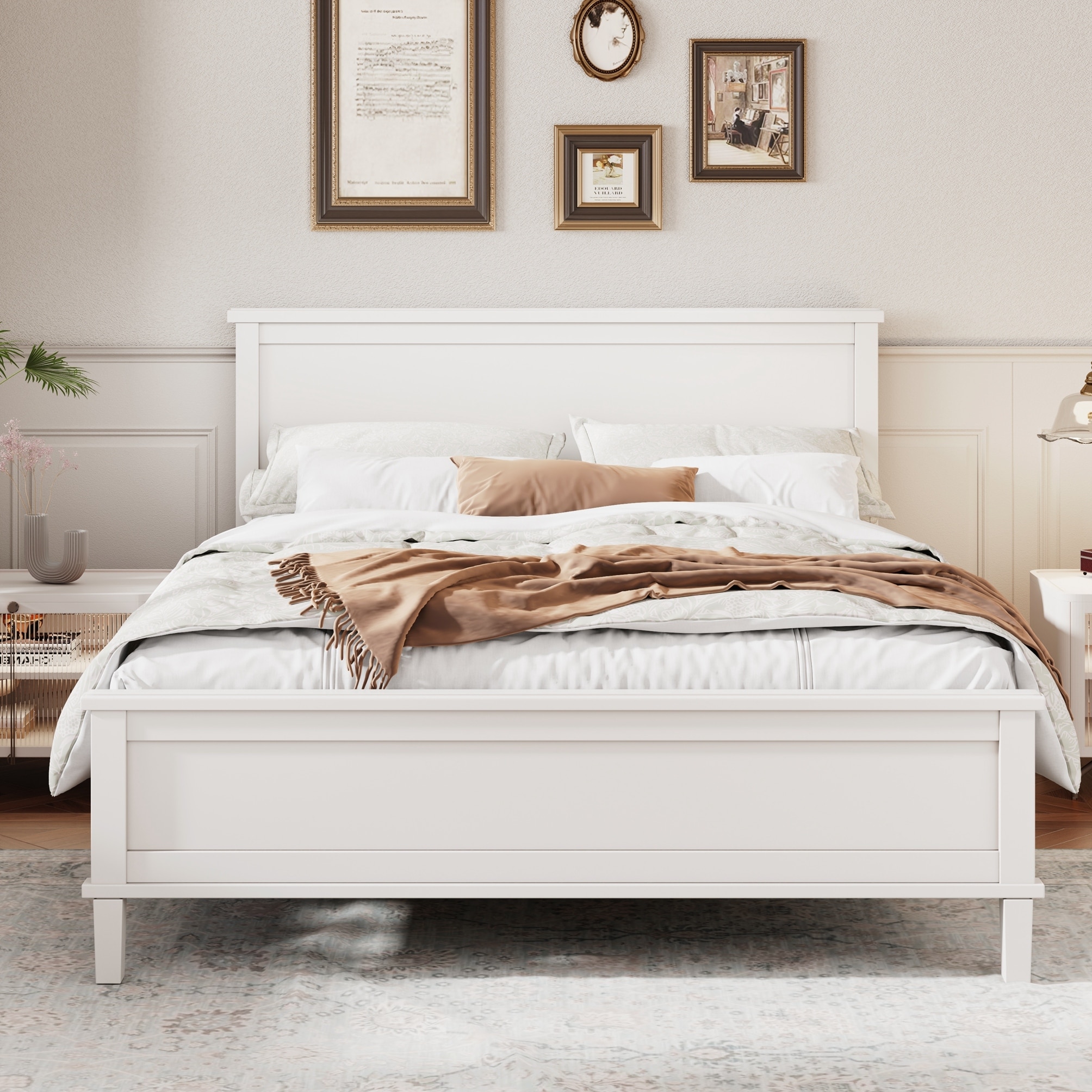 Mid-Century Wood Platform Bed with Headboard and Wood Slat Support