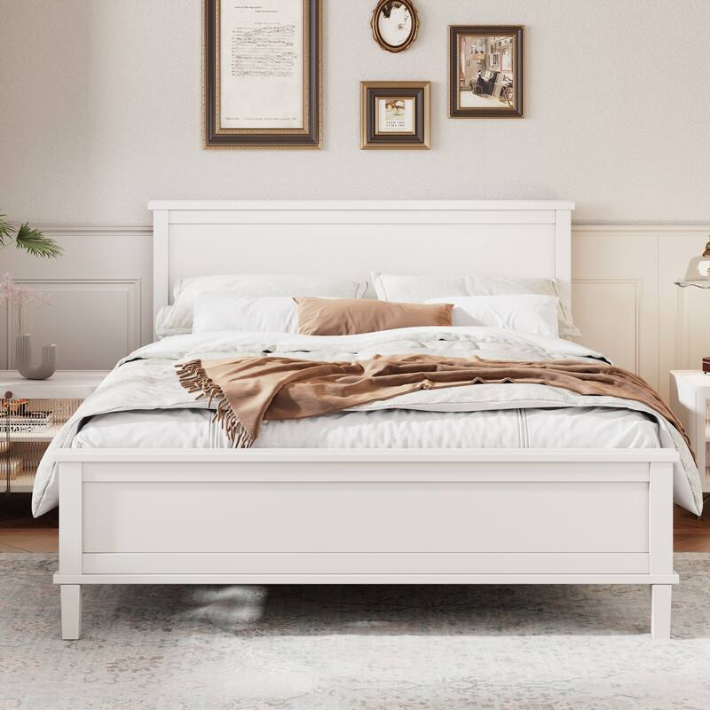 Mid-Century Wood Platform Bed with Headboard and Wood Slat Support - White