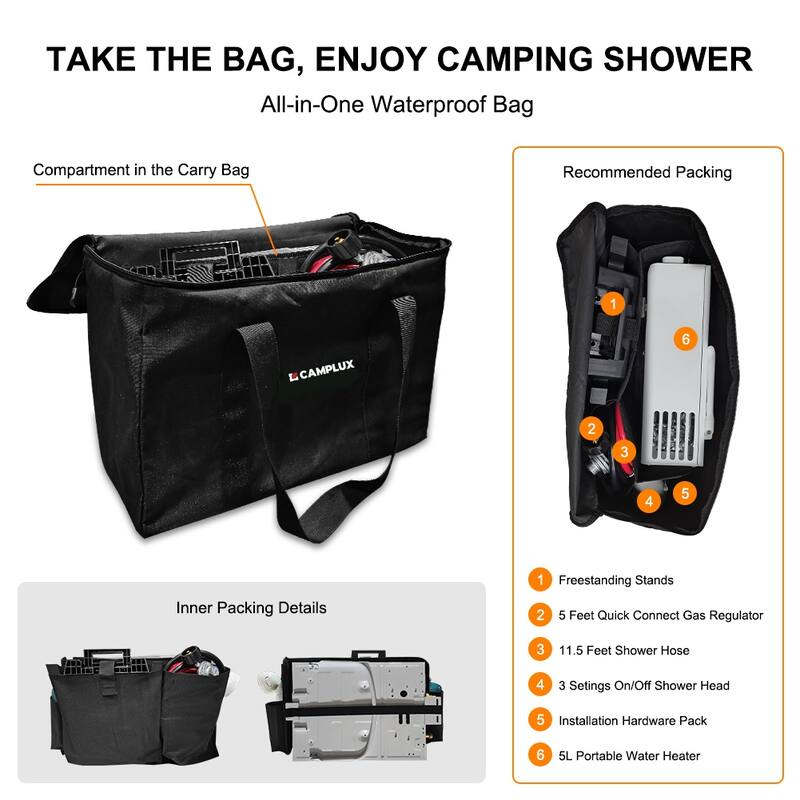 CAMPLUX 1.32 GPM Outdoor Camping Propane Gas Water Heater with Freestanding Stand and Carry Bag