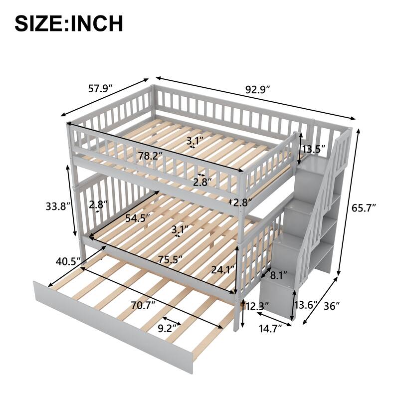 Full over Full Bunk Bed with Trundle and Staircase, Gray - Space-Saving 3-in-1 Design with Storage Shelves