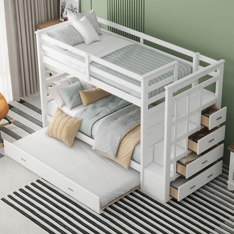Twin Over Twin Bunk Bed with Trundle, Drawers and Storage Staircase