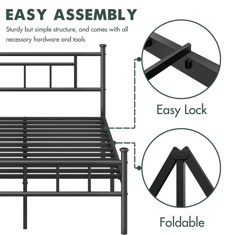 Classic Metal Platform Base with Headboard and Footboard, Round Corner Legs Mattress Slide Stopper